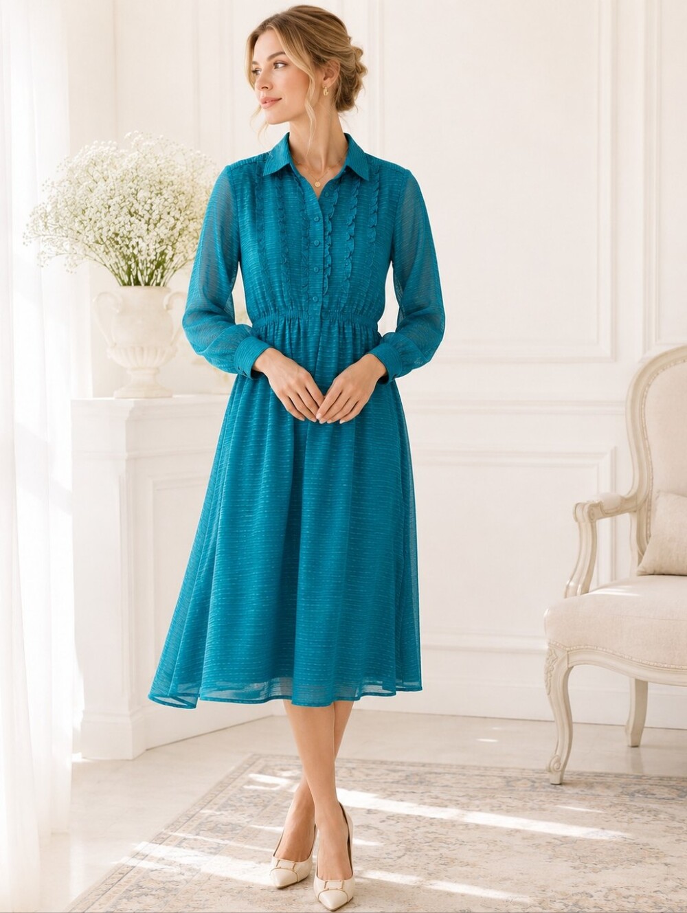 Women’s Teal Long-Sleeve Shirt Dress